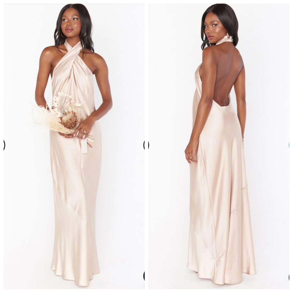 NWOT Show Me Your MuMu Jasmine Halter Maxi Dress ~ Champagne Luxe Satin